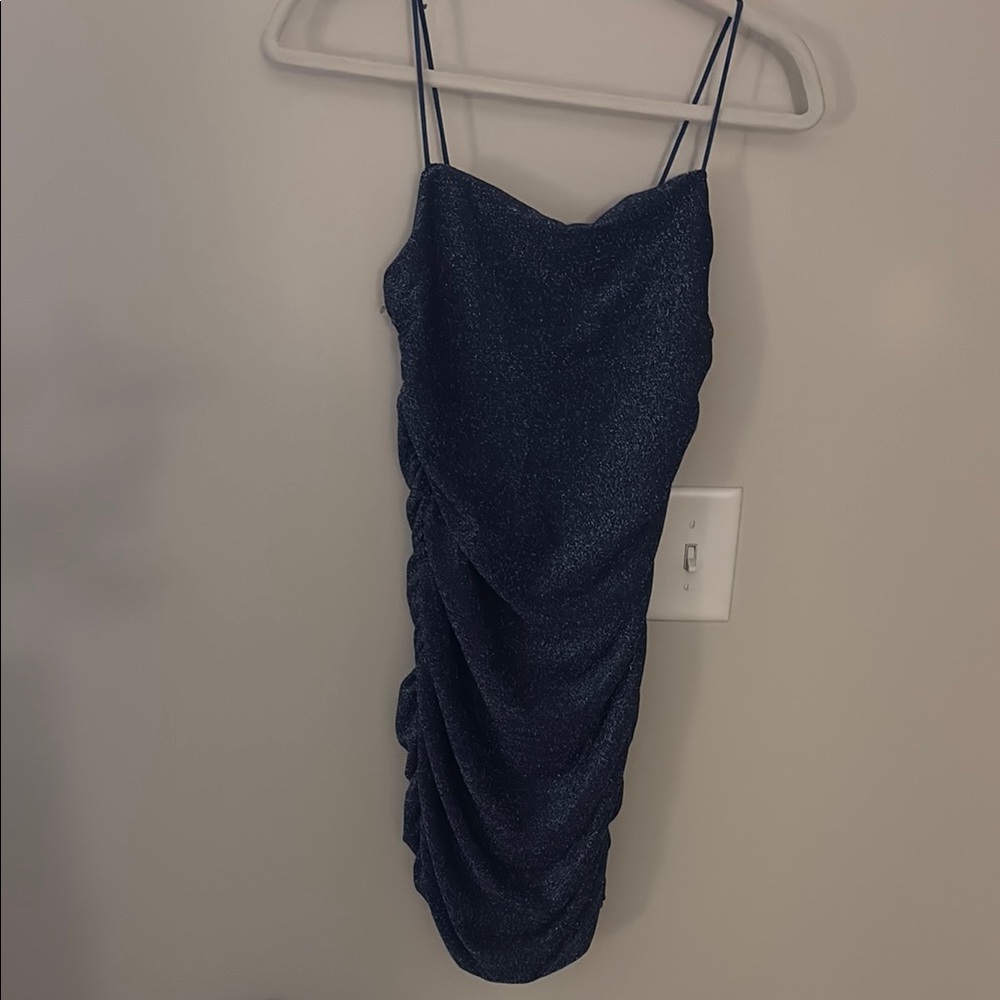 Amazon Blue Ruched Mini Dress Spaghetti Strap